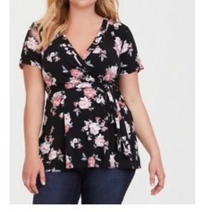 Black and pink floral faux wrap top
